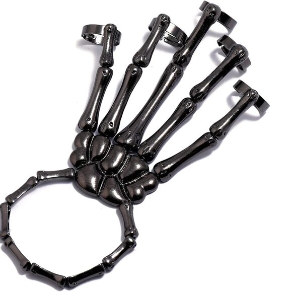 Gothic Punk Metal Skull Skeleton Hand Bracelet Ring Exaggerated Bone Joint Finge - Picture 1 of 2